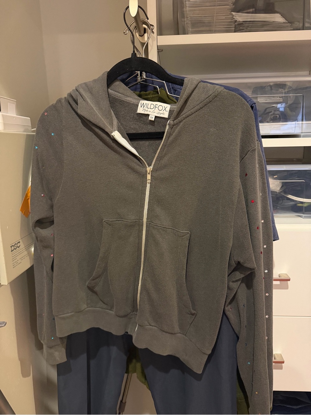 Wildfox Gray Hooded Zip Sweatshirt with Rainbow Gem Sleeves